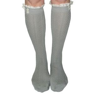 Grey Button Lace Top Knee High Socks